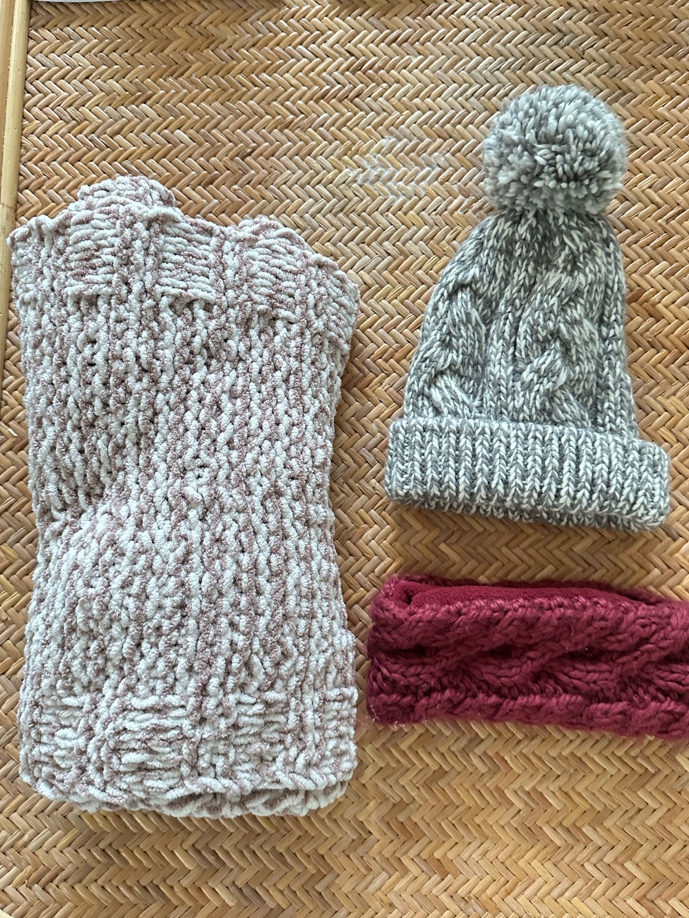 Bundle of 3 warm women’s items - hand knit scarf, beanie & ear warmer/buff